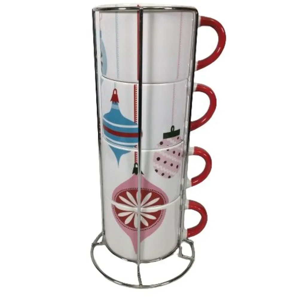 Pier 1 One Stacking Stackable Mugs Cups Set of 4 Christmas Ornaments Rack Stand